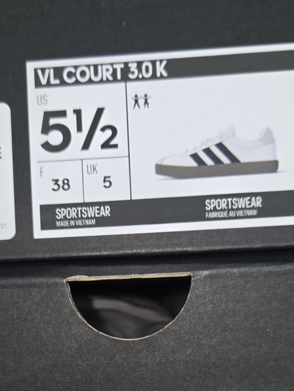 Youth Kids Adidas VL Court 3.0 Unisex Shoes White, Black, Cream Suede Gum Bottom - Picture 3 of 8